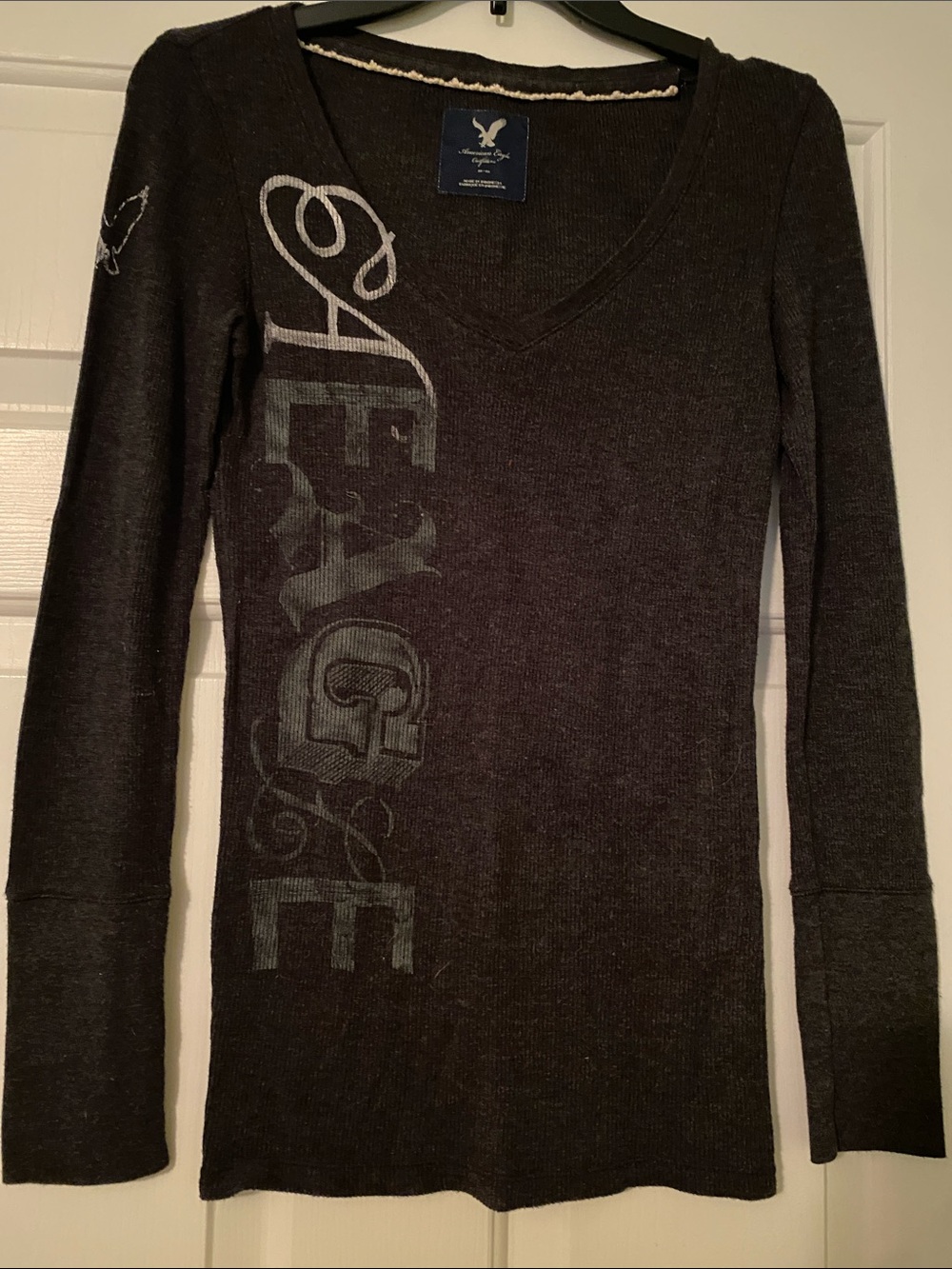 American Eagle Outfitters Charcoal V-Neck Logo Knit Sweater - size medium